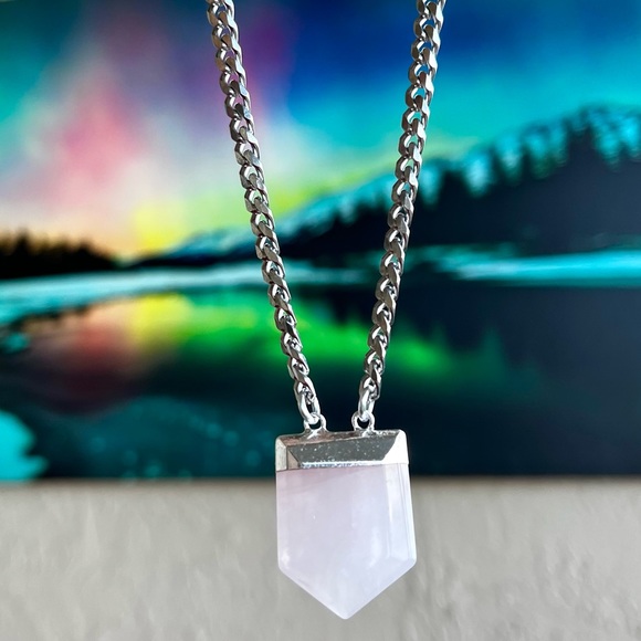 Rose quartz crystal gemstone on stainless steel cuban adjustable choker necklace - Picture 2 of 9